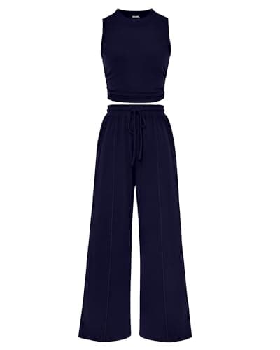 BTFBM Summer Outfits For Women 2026 Cropped Sleeveless Tank Tops Wide Leg Pants 2 Piece Sets Beach Lounge Set Clothing(Navy, X-Large) - Image 1