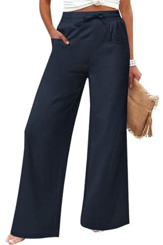 JEKAOYI Women's Casual Linen Wide Leg Pants with Pockets Boho Palazzo High Waisted Drawstring Lounge Trousers Navy - Image 1