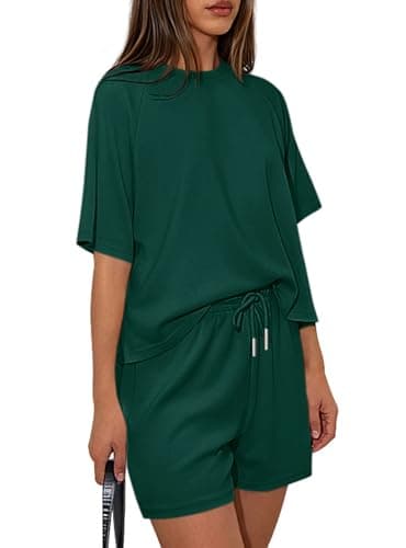 PRETTYGARDEN Women 2 Piece Lounge Sets Short Sleeve Shirts Workout Tops Shorts Matching Clothing 2026 Summer Vacation Outfits (Dark Green,Medium) - Image 1