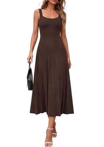 PRETTYGARDEN Spring Dresses for Women 2026 Summer Casual Sleeveless Square Neck A Line Knit Pleated Midi Cocktail Party Dress (Brown,Large) - Image 1
