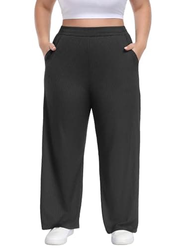 Lastshe Plus Size Dressy Work Pants for Women Wide Leg High Waist Pull On Knit Slacks with Pockets Casual Trousers,Black,2X - Image 1