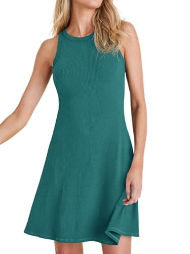 Wenrine Womens Summer Casual Tank Dress Ribbed Knit Sleeveless Crewneck A Line Mini Dresses - Image 1