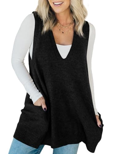 Saodimallsu Womens Sleeveless Sweater Vest V Neck Loose Knit Casual A Line Flattering Tunic Top with Pockets Black - Image 1