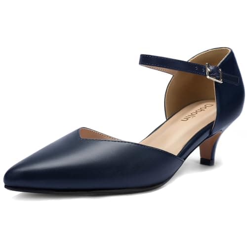 DOBOLIN Comfort Kitten Heels Pumps for Women Low Heels Ankle Strap Elegant Pointed Closed Toe Dress Dance Shoes for Party Wedding, 8.5 Size Navy - Image 1