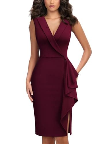 Miusol Women's V-Neck Ruffle Sleeveless Slim Business Work Pencil Dress (Medium, Burgundy) - Image 1
