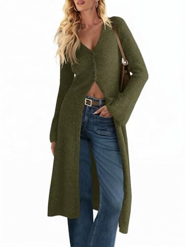 Saodimallsu Womens Long Cardigan Sweaters Oversized Bell Sleeve Open Front Button Down Casual Knit Fall Midi Dress Army Green - Image 1