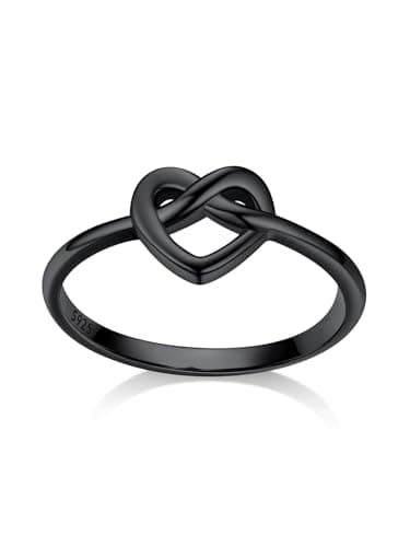Bestyle 925 Sterling Silver Black Celtic Love Knot Ring, Simple Eternity Love Promise Heart Ring Wedding Band Jewelry for Women, Small Cute Silver Black Ring for Women Pinky Ring, Size 12 - Image 1