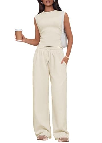 Lazysmile 2 Piece Sets for Women Summer Outfits Lounge Sets Sleeveless Tops Wide Legs Long Pants Tracksuits - Image 1