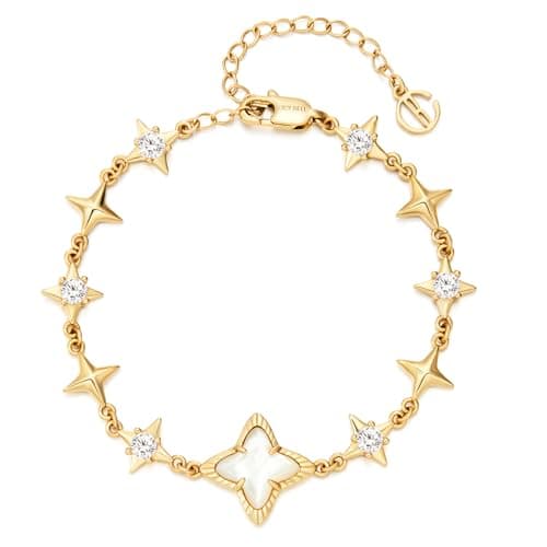 Cicy Bell Womens Bracelets 18k Gold Plated White Shell Cubic Zirconia Square Cross Adjustable Chain Link Bracelets 6.69" with 2" Extender - Image 1