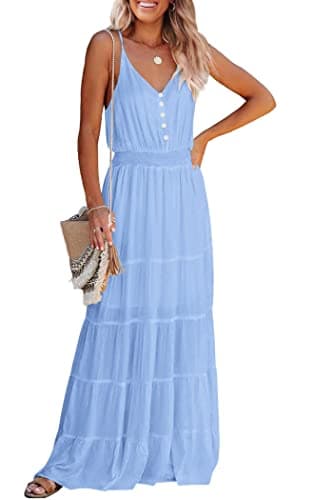 PRETTYGARDEN Women's Casual Summer Dress Spaghetti Strap Sleeveless High Waist Beach Long Maxi Sun Dresses (Light Blue,Medium) - Image 1