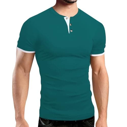 Gnvviwl Men's Casual Stretchy Henley Shirts Short Sleeve Fitted T Shirt Soft Stylish Tee Tops Lake Blue - Image 1