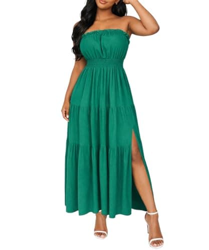 ABKY Off The Shoulder Dress Summer Strapless Tube Top Dresses Long Flowy A Line Side Slit Vacation Beach Holiday Party Outfit DeepGreen L - Image 1