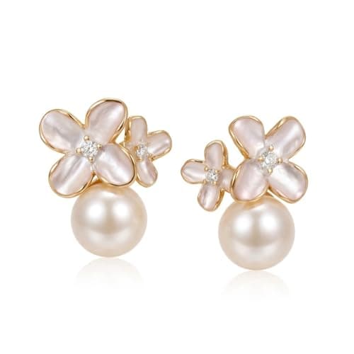 Floral Stud Earrings for Women with Freshwater Cultured Pearl, 925 Sterling Silver Posts, 18K Gold Plated, Hypoallergenic Small Studs, Bridal Wedding Jewelry Gift for Mom Mother’s Day - Image 1