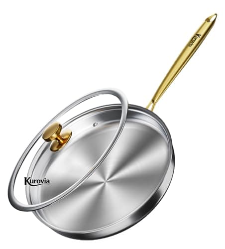 Kurovia Tri-Ply Stainless Steel Frying Pan, Compatible with All Cooktops Up to 600℉, Large Frying Pan with lids, Induction-Ready Skillet, Dishwasher and Oven Safe, Even Heat with Gold Handle (10.8In) - Image 1