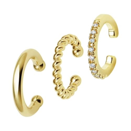 POMODA 3PCS 14K Gold Plated Ear Cuff Earrings for Women Small CZ Ear Cuffs Non Piercing Cartilage Earrings Lightweight | Clip On Huggie Hoop for Her - Image 1