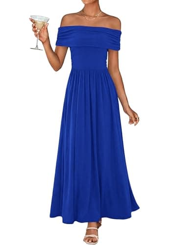 KIRUNDO Cocktail Dresses for Women 2026 Summer Off The Shoulder Ruched Pleated Long Flowy Formal Party Maxi Dresses Pockets(Royal Blue, Medium) - Image 1