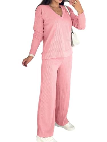 Skoinvb Womens 2 Piece Lounge Sets Long Sleeve Ribbed Knit Casual Top Wide Leg Pants Matching Set Spring Fall Outfits Pink L - Image 1