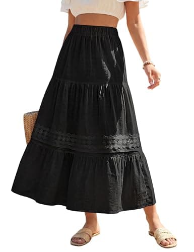 Blooming Jelly Womens Maxi Skirts Flowy Boho Summer Long Skirts Tiered Pleated Beach Vacation Going Out Dress 2026(Black, Small) - Image 1