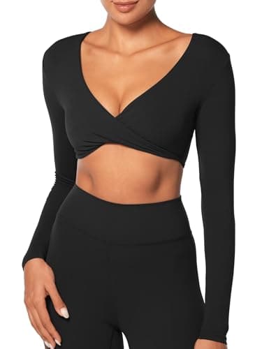 Sunzel Long Sleeve Workout Tops for Women Buttery Soft Deep V Twist Cropped Tops with Compression for Yoga Pilates Gym Outfit Black Large - Image 1
