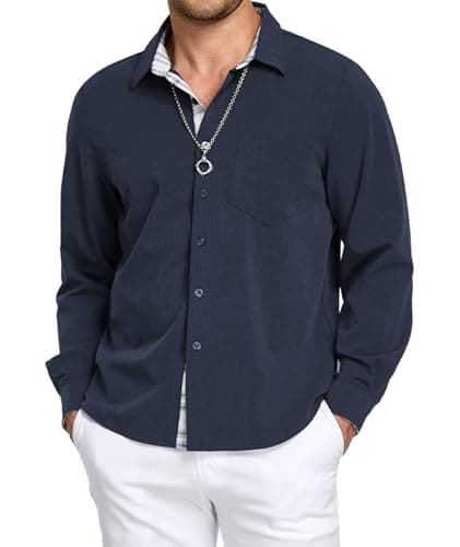 YTD Long Sleeve Button Down Shirt for Men, Untucked Regular Fit Dress Shirt - Image 1