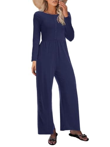 STOLKISS Dressy Jumpsuit for Women 2025 Fall Long Sleeve U-Neck Button Up Jumpsuits Spring Wide Leg Pants Rompers with Pocket - Image 1