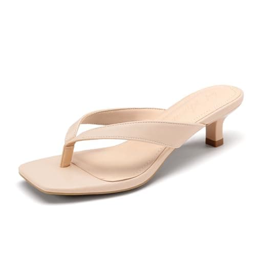 Athlefit Women's Kitten Heels Flip Flops Square Open Toe Low Heels Slip On Comfortable Casual Thong Slide Sandals Nude Size 8 - Image 1