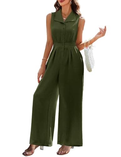 LOOKBOHO Women's Jumpsuits Casual Button Smocked High Waist Sleeveless Wide Leg Rompers V Neck One Piece Dressy(AG,XL) - Image 1