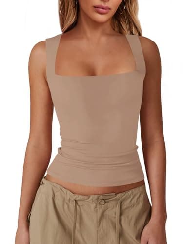 Imily Bela Womens Square Neck Tank Tops Casual Sleeveless Slim Fit Going Out Y2K Summer Cropped Shirts Brown - Image 1