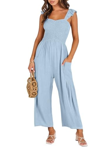 ANRABESS Women Summer Casual Dressy Sleeveless Smocked Wide Leg Linen Jumpsuits Rompers 2025 Trendy Travel Outfit Pocket Blue Small