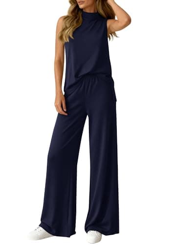 BTFBM Summer 2 Piece Lounge Sets For Women Sleeveless Mock Neck Top Wide Leg Pants Spring Vacation Airport Travel Outfits(Navy Blue, XX-Large) - Image 1