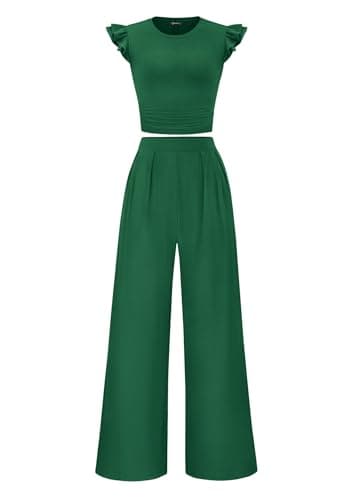KIRUNDO Two Piece Sets For Women Summer 2026 Casual Cap Sleeve Crop Tops Wide Leg Pants Matching Set Travel Vacation Outfits(Green, Small) - Image 1