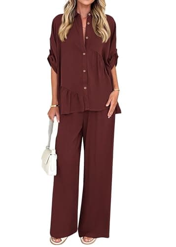 KIRUNDO Two Piece Sets for Women Spring Outfits 2026 Summer Dressy Casual Button Down Shirt Wide Leg Pants Lounge Set(Brown, X-Large) - Image 1
