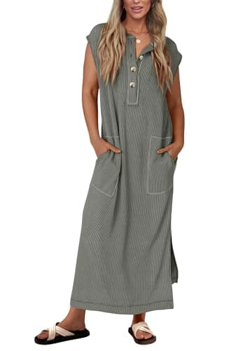 KIRUNDO Womens Summer Dresses 2026 Spring Ribbed Knit Henley Short Sleeve Maxi Dress Button Up Loose Beach Vacation Sundress(Grey, Small) - Image 1