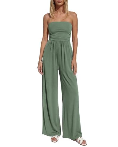 BTFBM Jumpsuits For Women Summer 2026 Beach Vacation Strapless Tube Top Jumpsuit Ruched Casual Wide Leg Pant Rompers(Sage Green, Medium) - Image 1