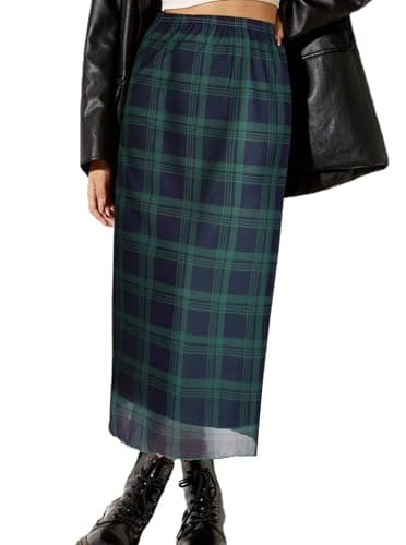 Avanova Women Plaid Gingham Checkered Mesh High Waisted Midi Skirts Flowy Summer Long Skirts Green Plaid Small - Image 1