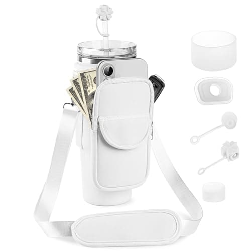 BOCMTR Water Bottle Holder with Strap for Stanley 30/40 oz Tumbler, Fashion Stanley Cup Bag with Big Phone Pocket, Silicone Boot, Straw Cover & Leak Proof Stoppers (White) - Image 1