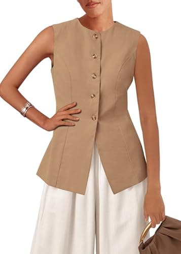 KIRUNDO Vest Tops for Women Trendy Dressy Business Casual Outfits 2026 Summer Sleeveless Fitted Blazer Work Suit Waistcoat(Khaki, XX-Large) - Image 1