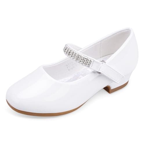 Stelle Girls Dress Shoes Toddler White Flower Girl Low Heels Mary Jane Flat for School Uniform Wedding(Little/Big Kid)(Classic Patent-White(Chain),2 Big Kid) - Image 1