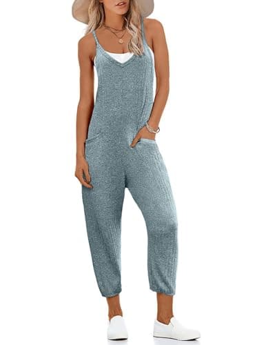 Ekouaer Jumpsuits for Women Sleeveless Spaghetti Strap Ribbed Overall Jumpsuit V Neck Summer Romper with Pockets 2026 Deep Blue M - Image 1