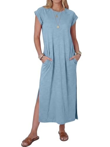 ANRABESS Women Summer Maxi Dress 2026 Casual Loose Cap Sleeve Crewneck Split Beach Vacation Long Sundress with Pockets Grey Blue Medium - Image 1