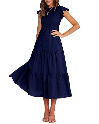 BTFBM Women Casual Short Sleeve Crew Neck Summer Dress Bohemian Floral Printed Flowy Maxi Dresses Tiered Cocktail Dress (Solid Navy, Large) - Image 1