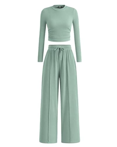 BTFBM Casual 2 Piece Sets For Women Fall Outfits 2026 Ribbed Spring Long Sleeve Crop Top Wide Leg Pants Matching Lounge Set(Fruit Green, Small) - Image 1