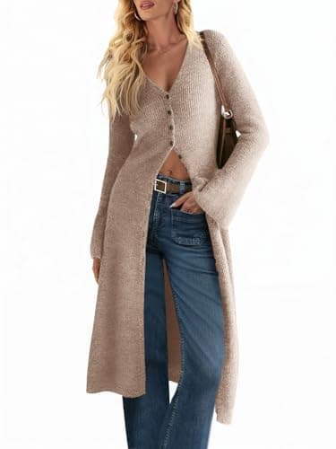 Saodimallsu Womens Long Cardigan Sweaters Oversized Bell Sleeve Open Front Button Down Casual Knit Fall Midi Dress Khaki - Image 1