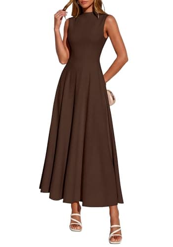 BTFBM Summer Dresses for Women 2026 Mock Neck Sleeveless High Waist Flowy Aline Maxi Spring Wedding Guest Dress Cocktail(Dark Brown, Medium) - Image 1
