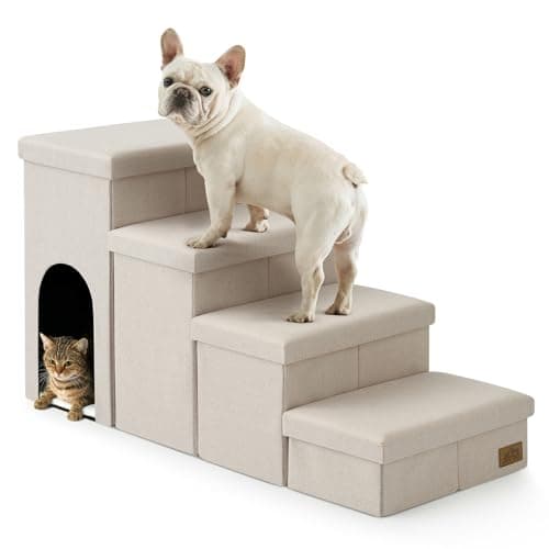 Dog Stairs with Storage, 4-Step Wider Sturdy Dog Steps for Small/Medium/Large Dogs and Older Cats, Doggie Ramp with Condo for Bed/Couch/Car Hold Up to 180 lbs (22.6" H, Beige) - Image 1