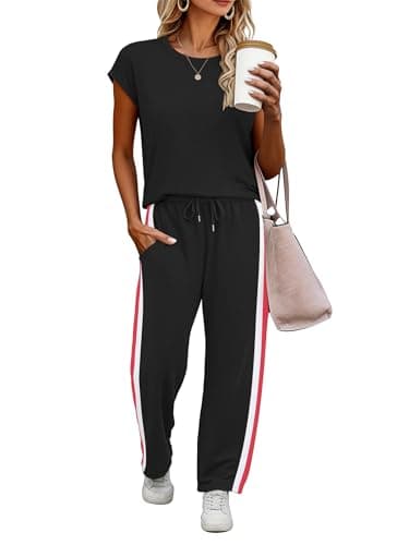 Casly Lamiit Two Piece Set for Women Spring Summer Lounge Sets Cruise Travel Airport Beach Vacation Clothes Trendy Cap Sleeve Top Wide Leg Pants Clothing Sets Black L - Image 1