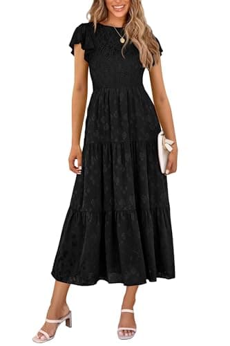 PRETTYGARDEN Midi Dresses for Women 2026 Summer Floral Cap Sleeve Smocked A Line Long Elegant Spring Wedding Guest Dress (Black,Large) - Image 1