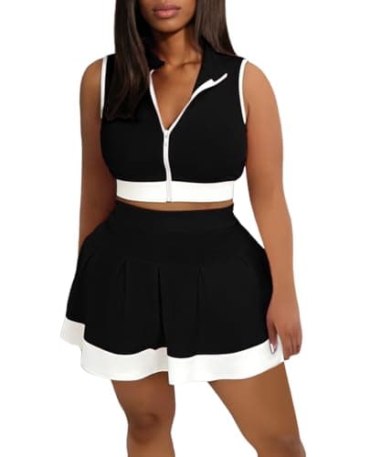 ABKY Tennis Outfits Golf Skirt Sets Women 2 Piece Outfit Zipper V Neck Crop Top and Pleated Mini Skirt Set Summer Tracksuits Black XL - Image 1