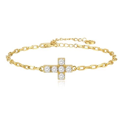 Cicy Bell Womens 18k Gold Plated Cross Bracelet Cubic Zirconia Cable Chain Dainty Link Bracelet Faith Jewelry Christian Baptism Religious Gifts - Image 1
