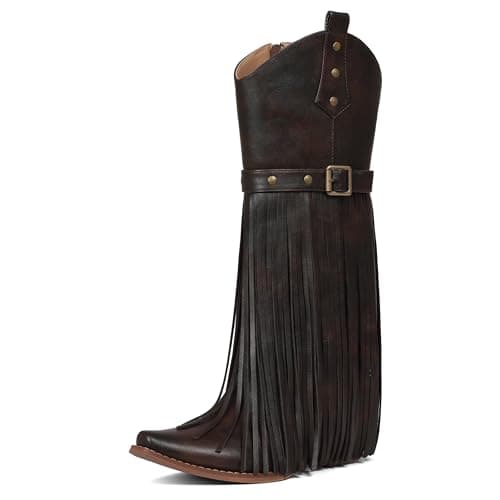 Grakihily Fringe Cowgirl Boots for Women Retro Square Toe Side Zipper Block Chunky Heel Tassel Country Concert Outfits Mid Calf Western Cowboy Boots,Brown Size 9.5 - Image 1